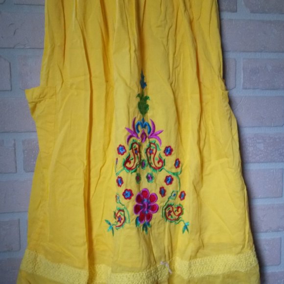 80s Petite X-Small Floral Embroidery Yellow Cotton Halter Peasant Woman Dress - Picture 3 of 6